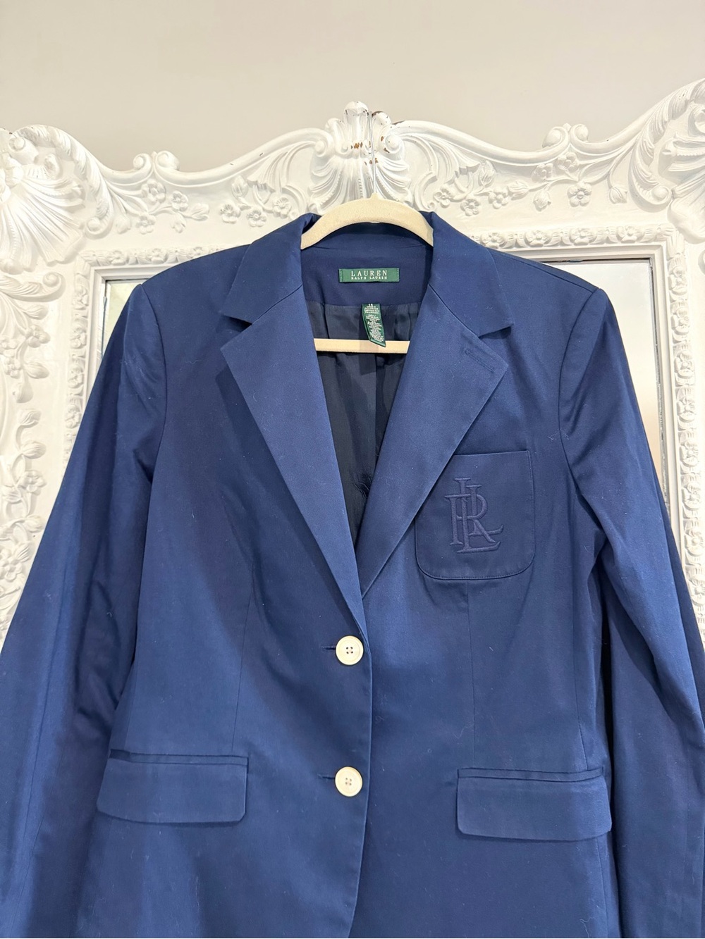 Ralph Lauren Women’s Tonal Embroidered Monogram Logo Navy Blue Blazer - Picture 4 of 5